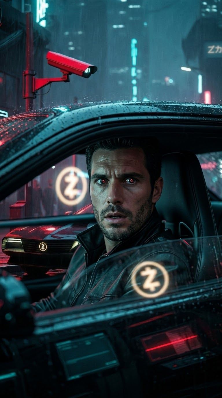 A driver in a black car on a rainy neon street, a red surveillance camera overhead.